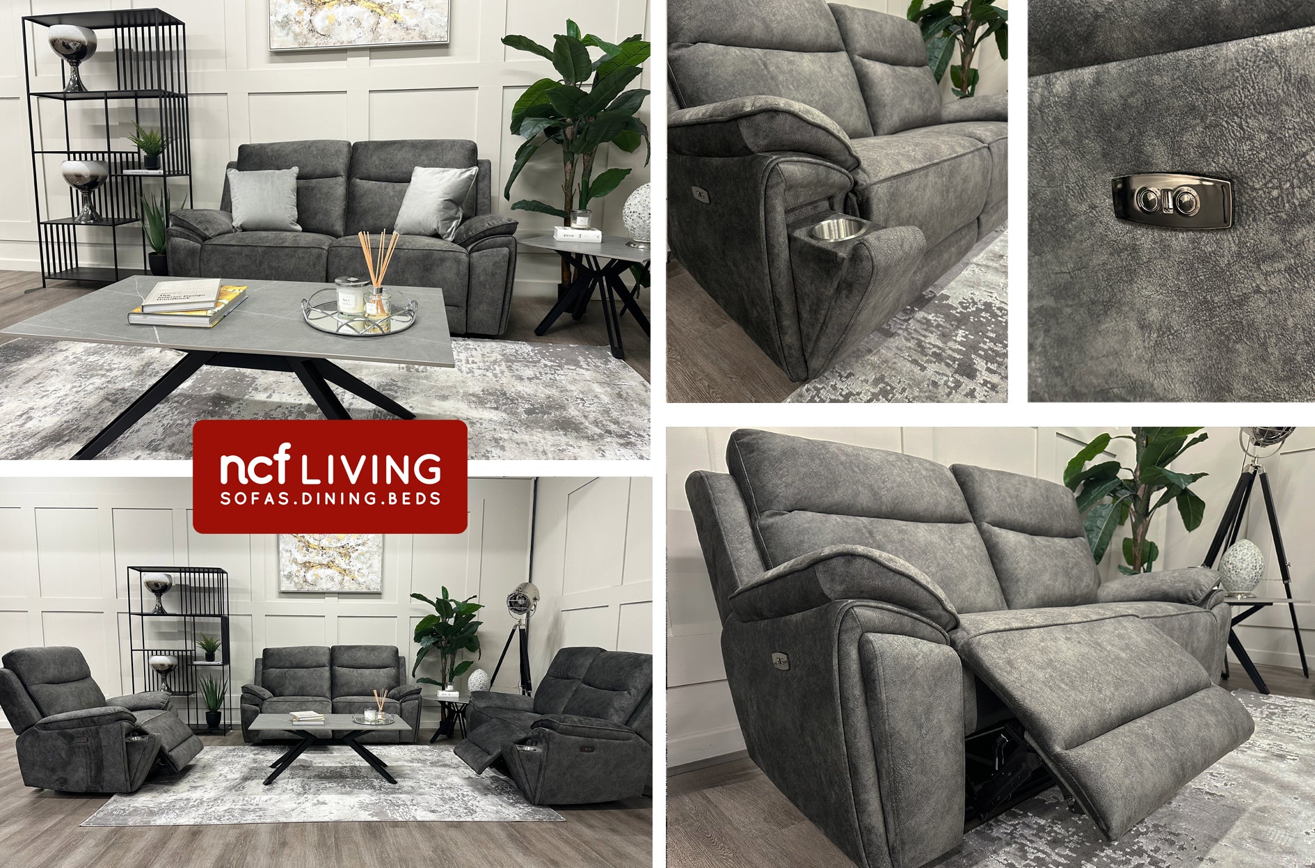 Collage of the grey Osaka Power Recliner Sofa Set