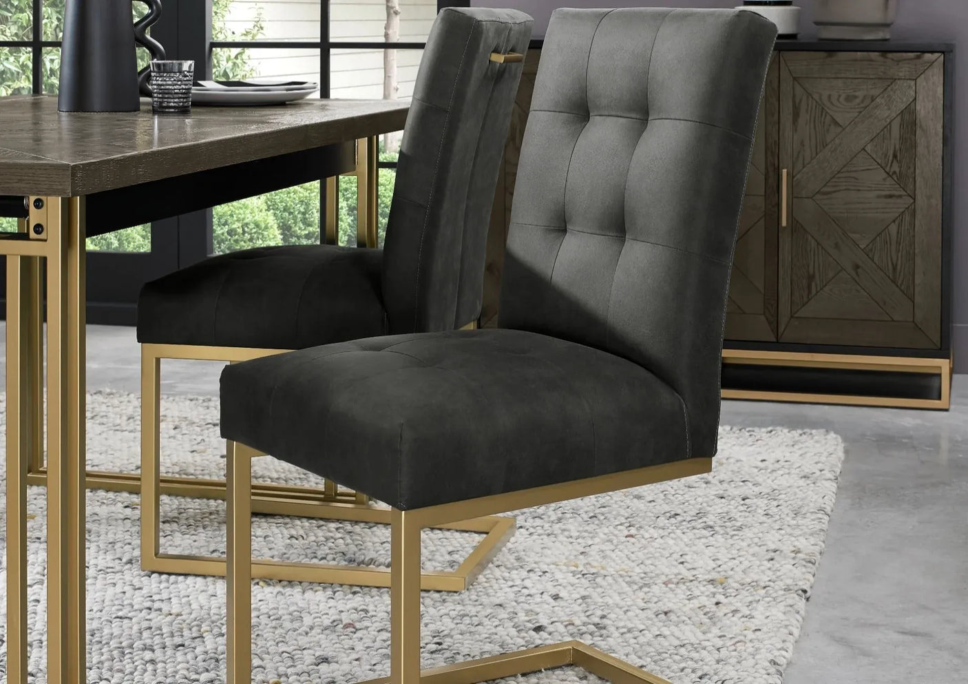 Set of 2 Lindos Cantilever Fumed Oak Dining Chairs - Black Fabric