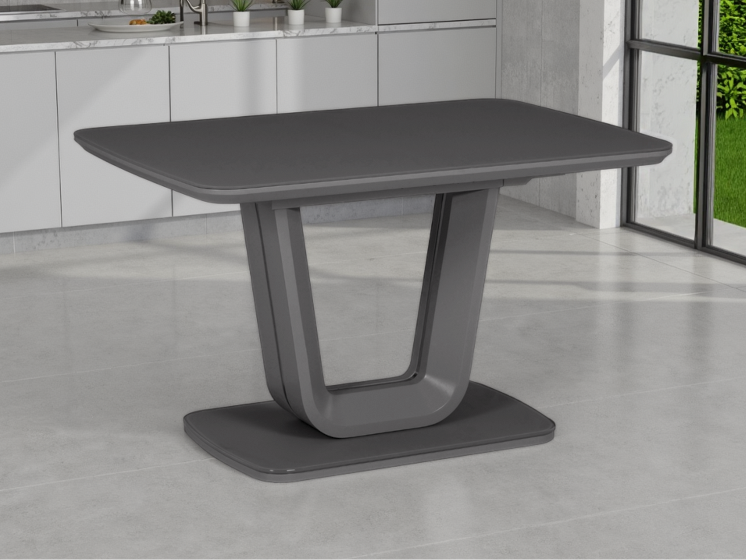 Gray dining table in a modern kitchen setting