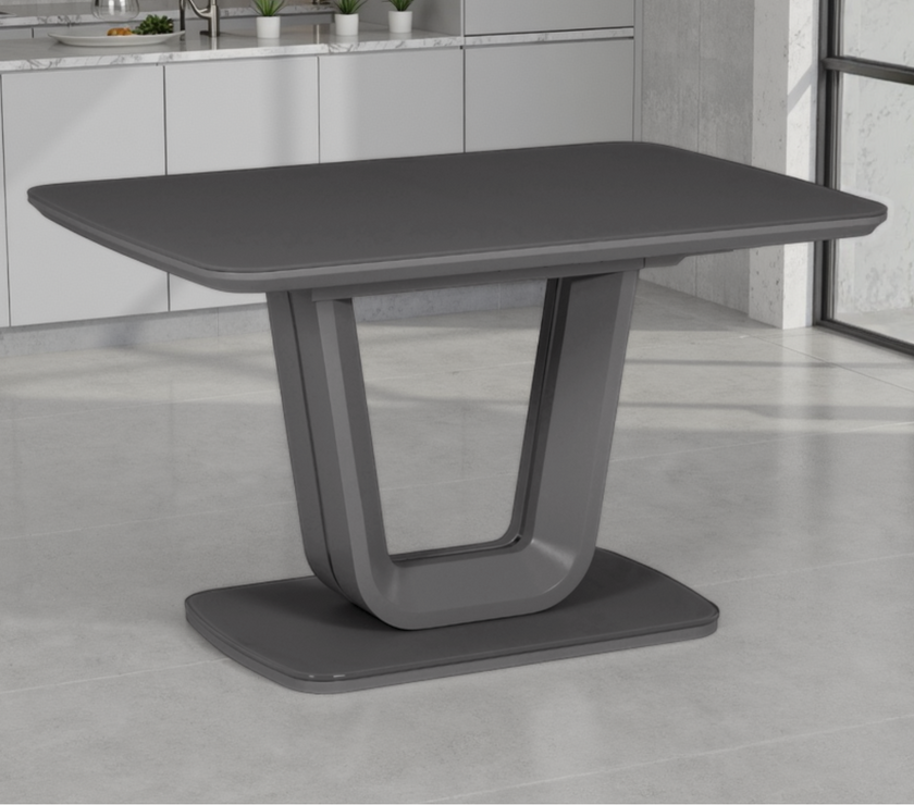 Gray dining table in a modern kitchen setting
