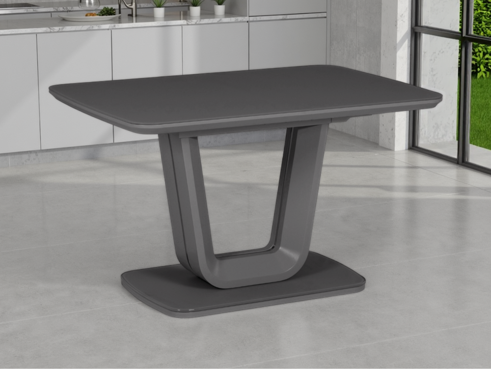 Gray dining table in a modern kitchen setting