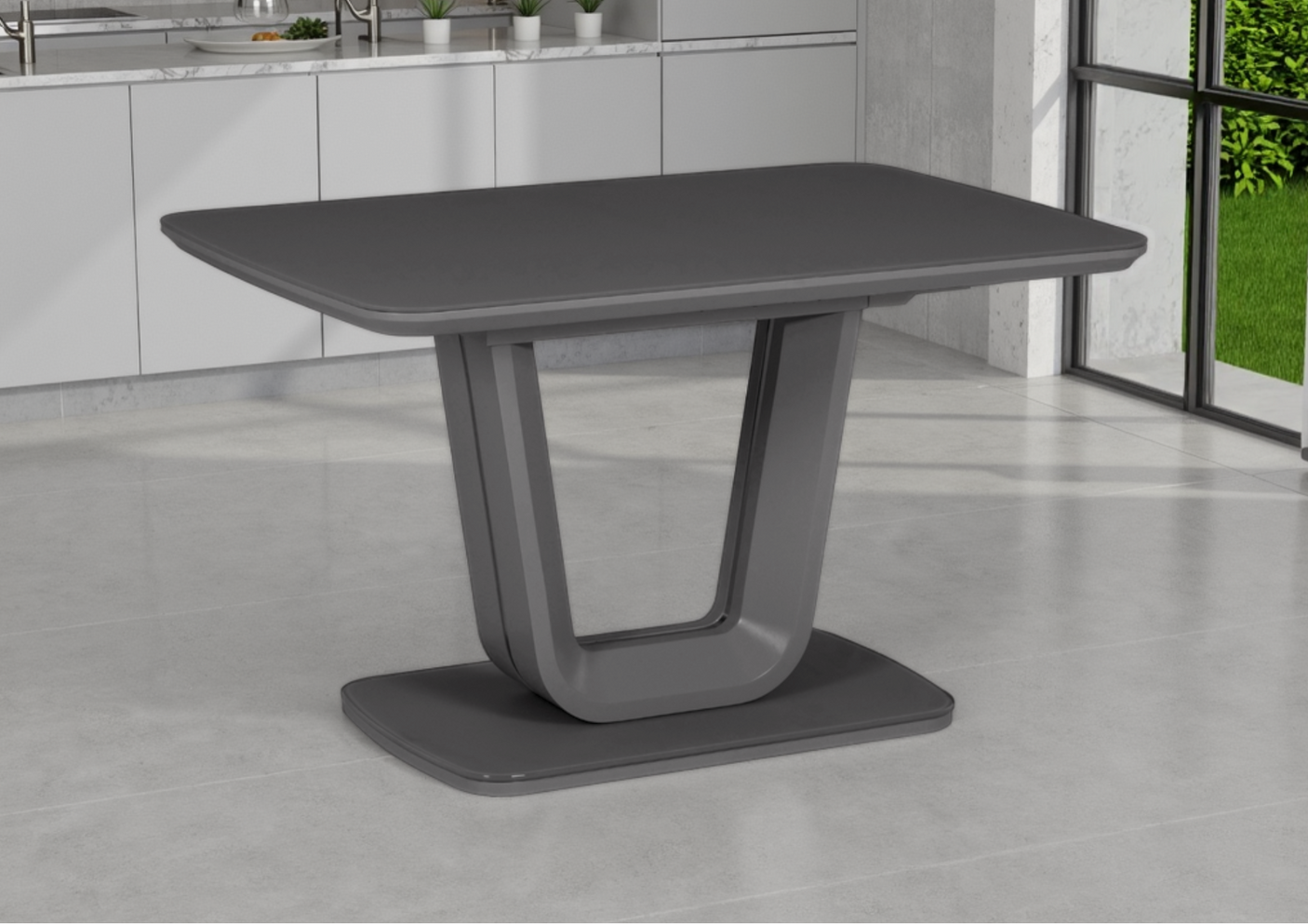 Gray dining table in a modern kitchen setting