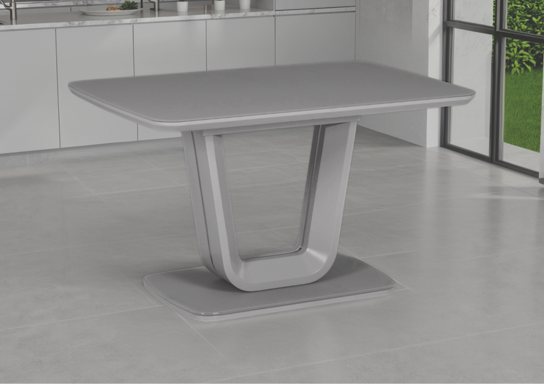 Gray dining table in a modern kitchen setting