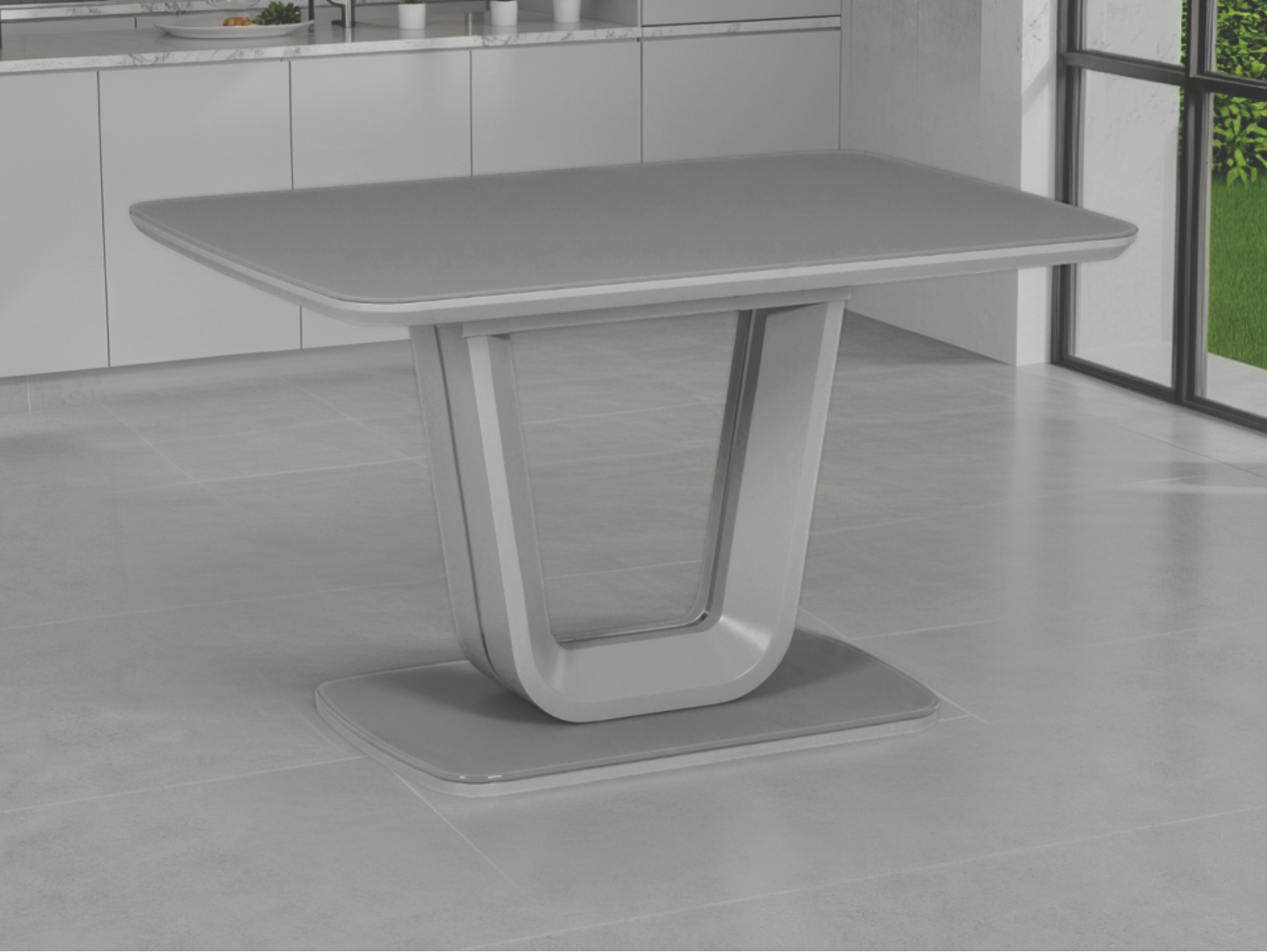 Gray dining table in a modern kitchen setting