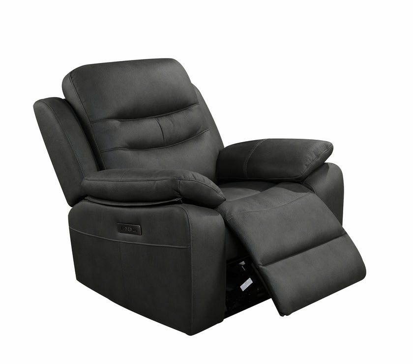 Angled view of the Fuji recliner armchair in a reclined position