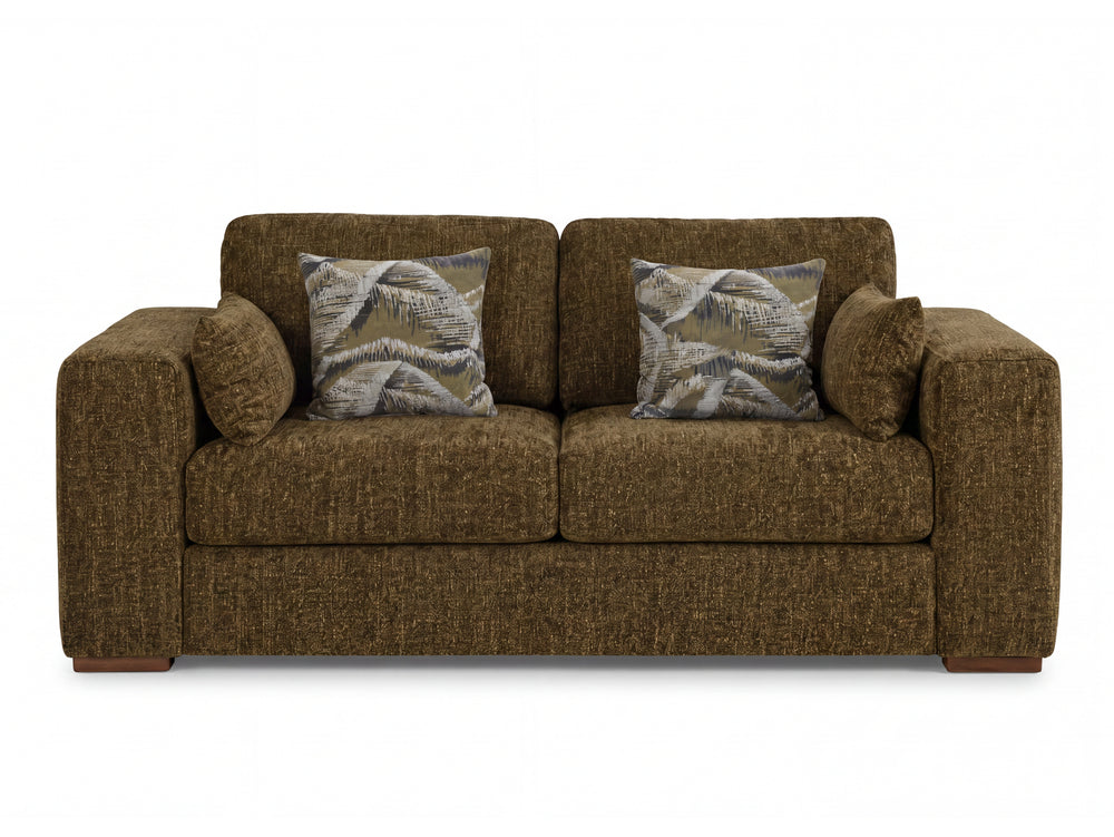 An olive green fabric 2 seater sofa with two patterned accent pillows and armrest pillows, shown on a plain white background.