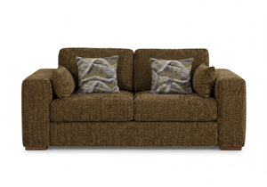 An olive green fabric 2 seater sofa with two patterned accent pillows and armrest pillows, shown on a plain white background.