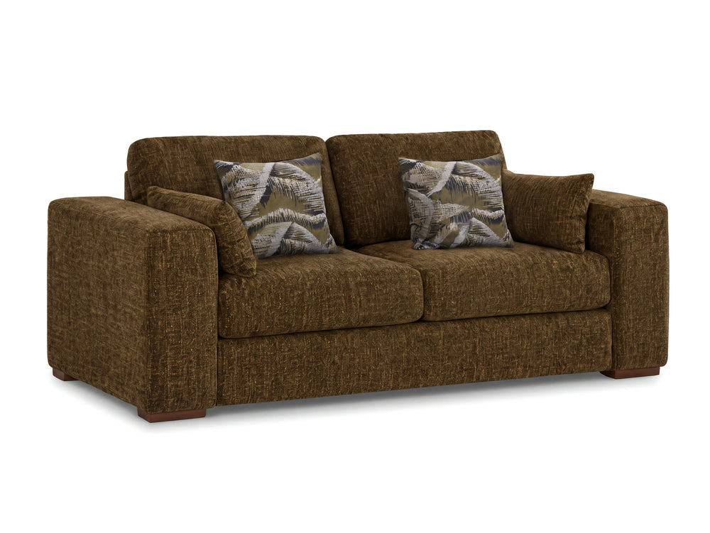 An olive green fabric 2 seater sofa with two patterned accent pillows and armrest pillows, shown on a plain white background.