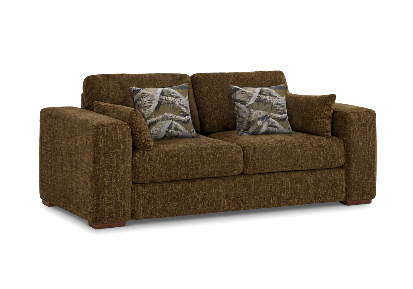 An olive green fabric 2 seater sofa with two patterned accent pillows and armrest pillows, shown on a plain white background.