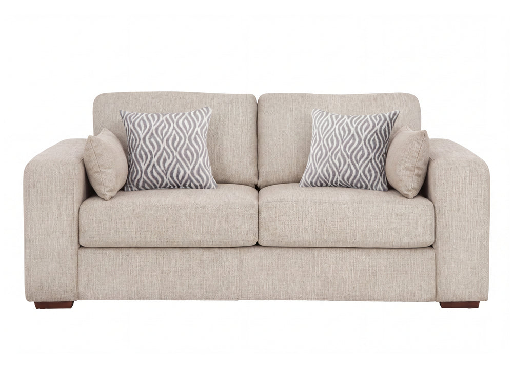 A two-seater fabric sofa in a light beige textured fabric, featuring two patterned throw pillows with a gray and white geometric design and two solid beige accent pillows, shown against a plain white background.