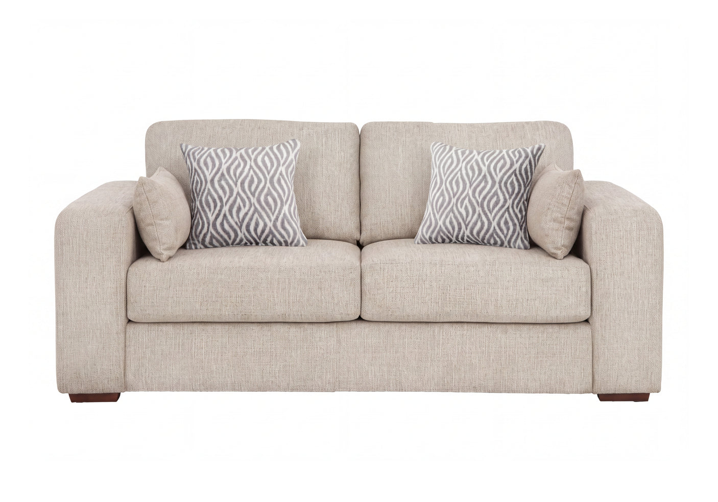 A two-seater fabric sofa in a light beige textured fabric, featuring two patterned throw pillows with a gray and white geometric design and two solid beige accent pillows, shown against a plain white background.