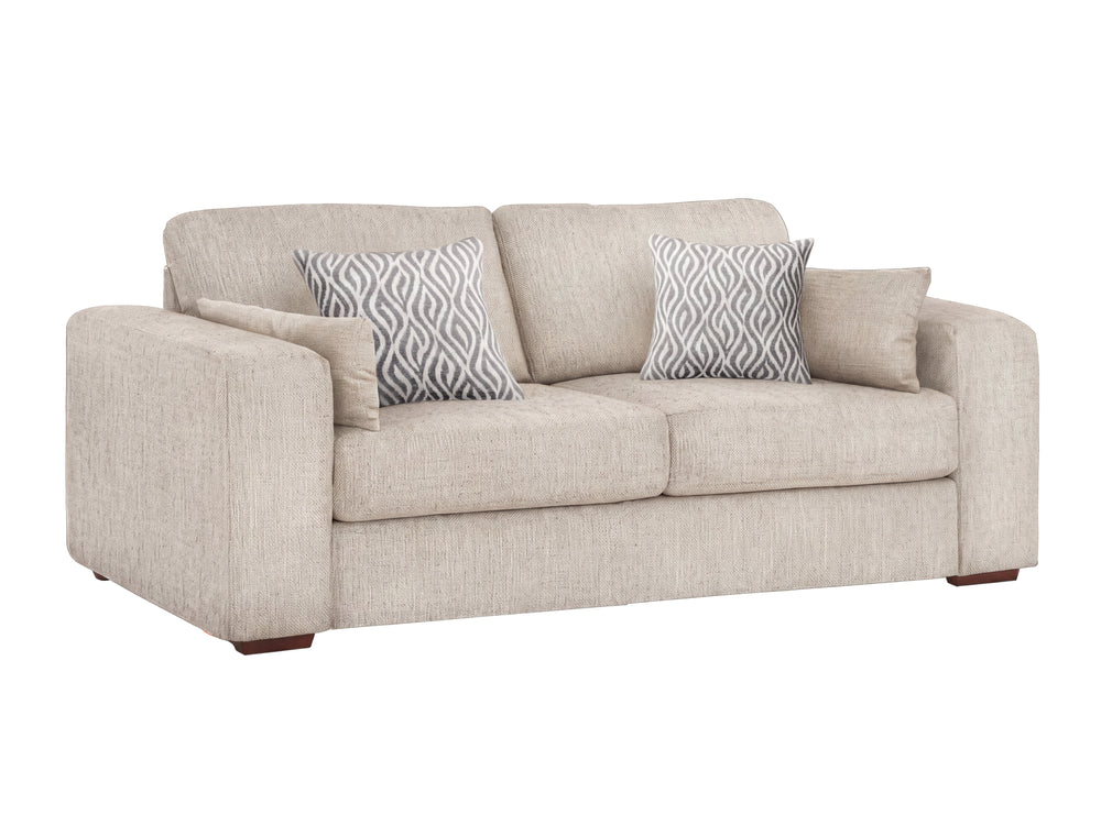 A light beige fabric sofa with two patterned throw pillows, shown on a plain white background.