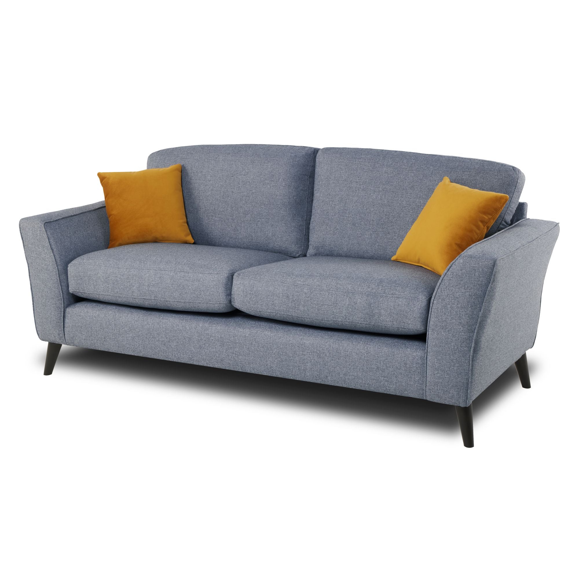 Libby 3 seater sofa in denim on an angle with white background 