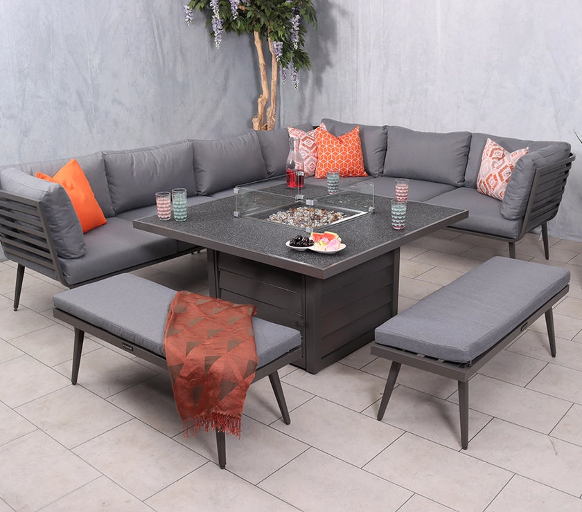 Mayfair Grey Frame 8 Seater Garden Fire Pit Table Set (120cm)