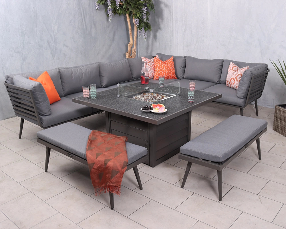 Mayfair Grey Frame 8 Seater Garden Fire Pit Table Set (120cm)