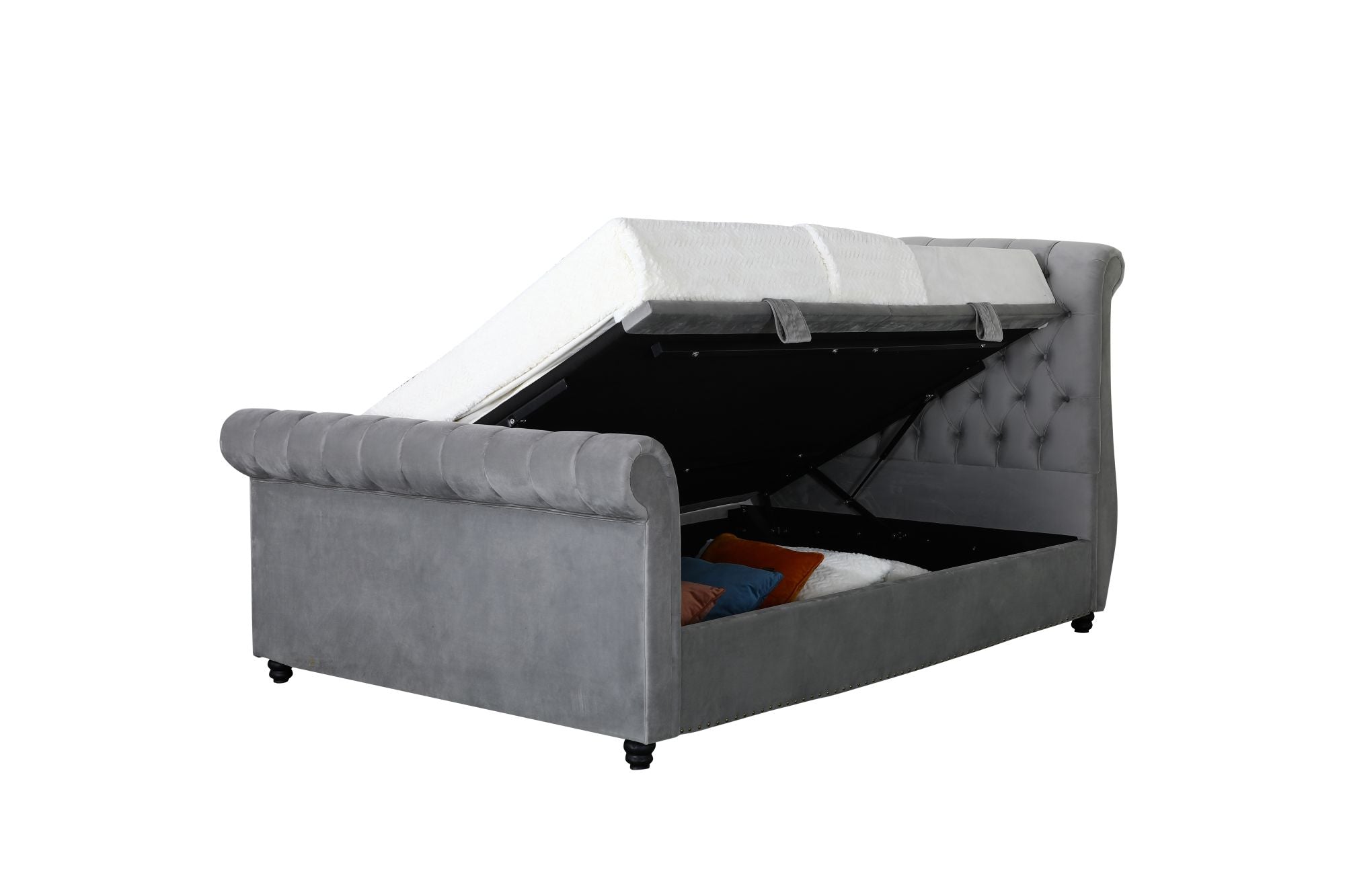 Mayfair Ottoman bedframe in Grey fabric with side open on white background