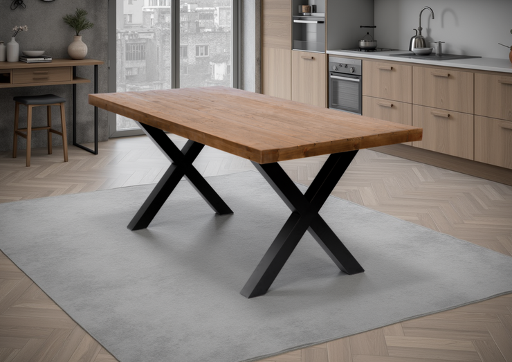 Wooden dining table with black metal legs in a modern kitchen setting