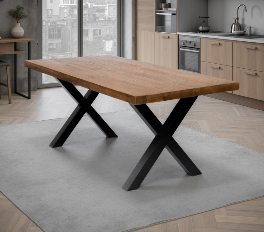 Wooden dining table with black metal legs in a modern kitchen setting