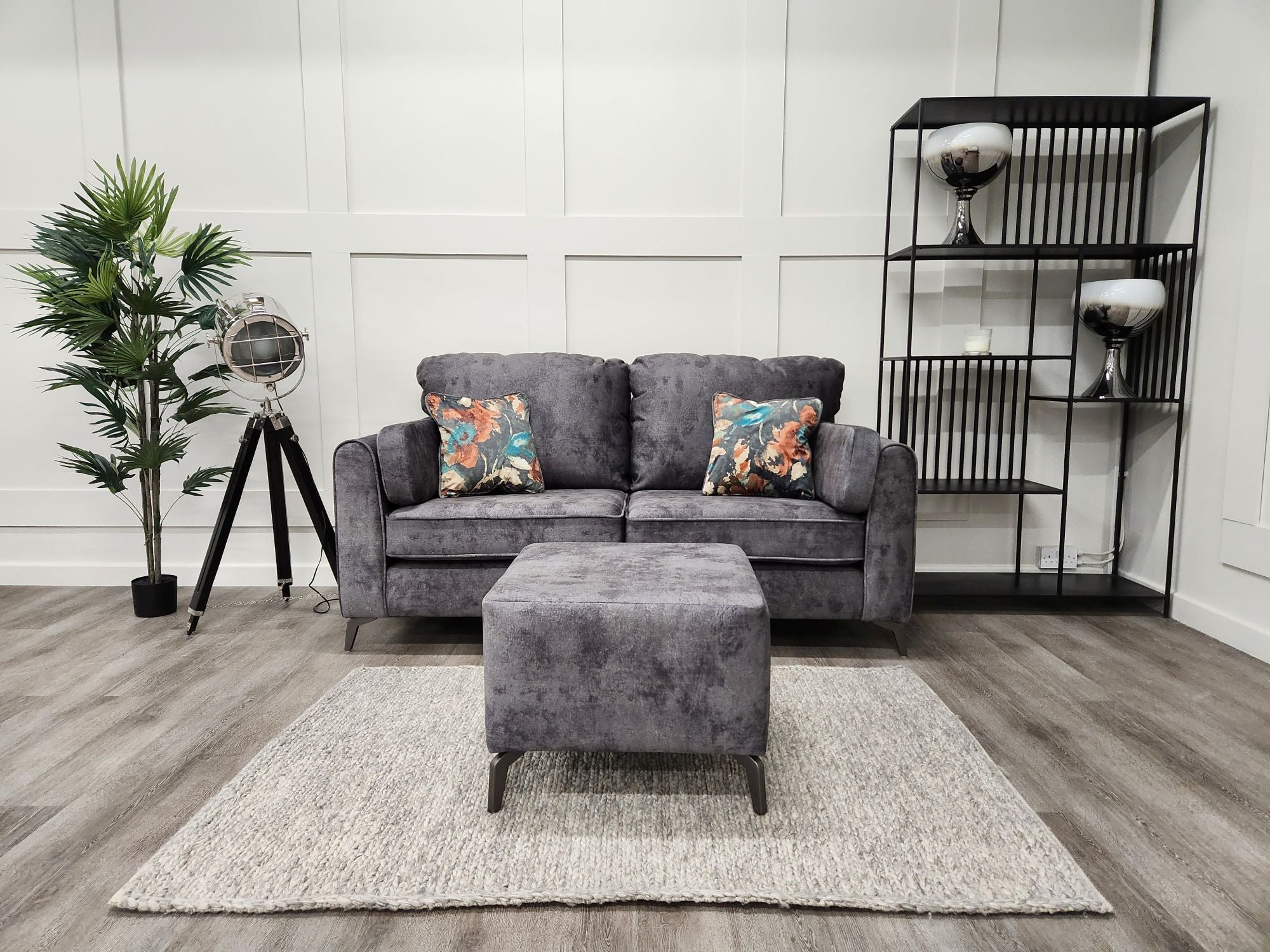 Grey fabric Oasis 2 seater and footstool 