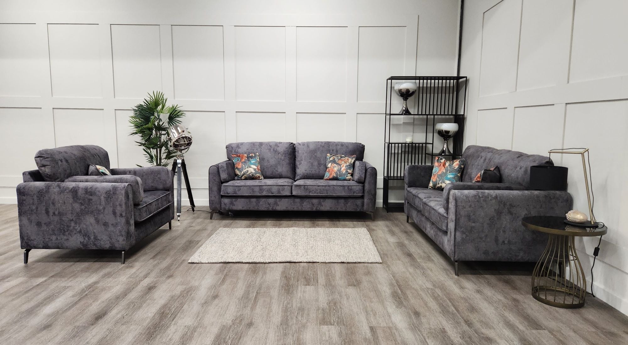 Grey sofa set 3 seater 2 seater and love chair in a room setting