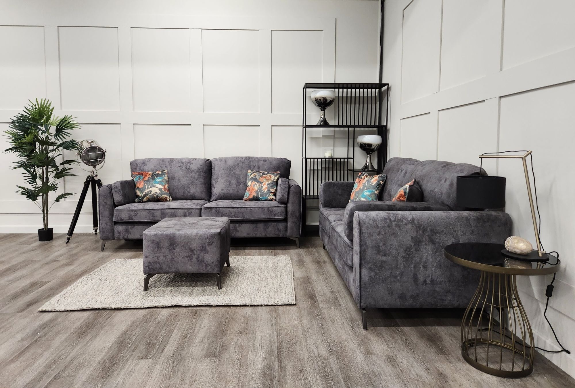 Grey sofa set 3 seater 2 seater and footstool