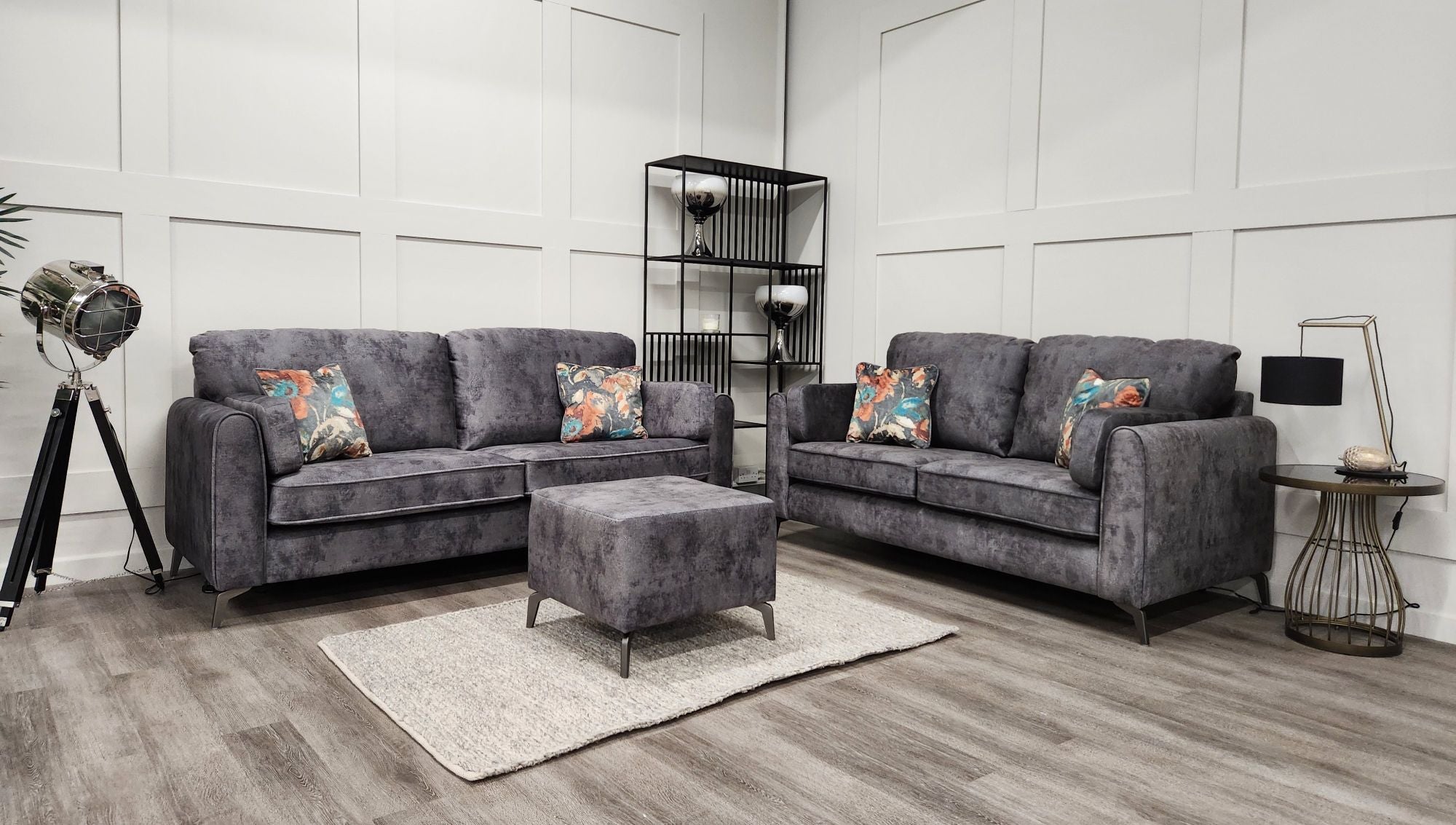 Grey fabric room set 2 seater 3 seater with footstool 
