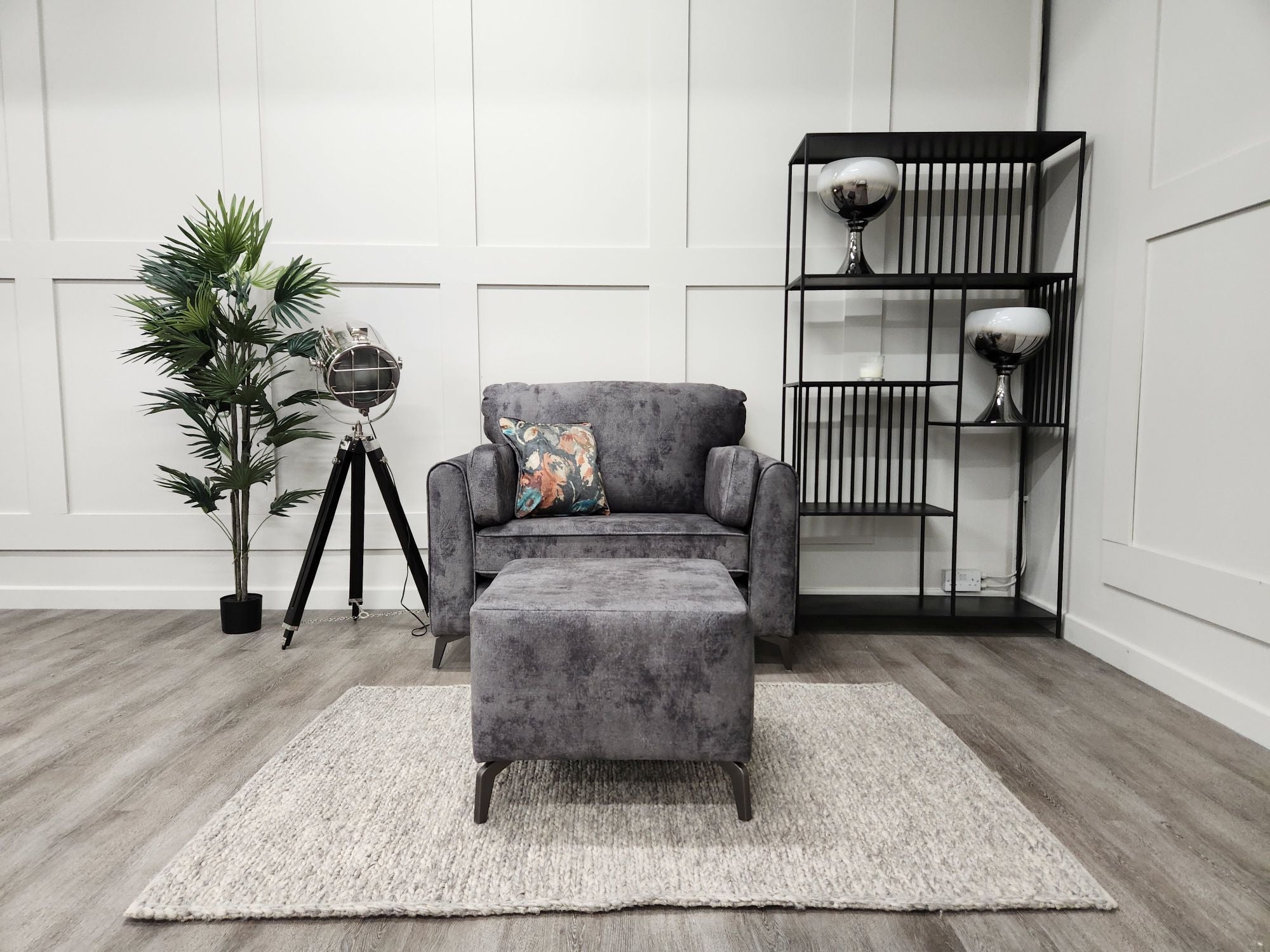Grey fabric Oasis lovechair and footstool