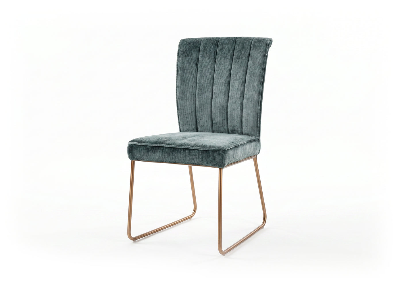 Green velvet upholstered chair with bronze legs on a white background