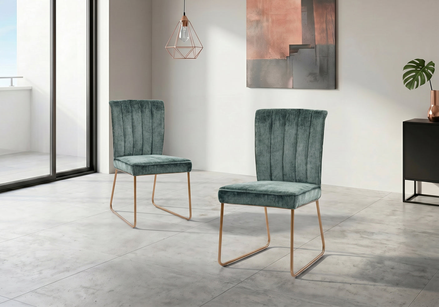 Pair of green velvet chairs in a modern room