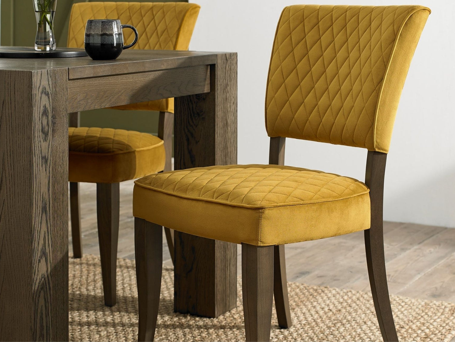 Landon Velvet Fumed Oak Dining Chairs - Mustard (Sold in Pairs)