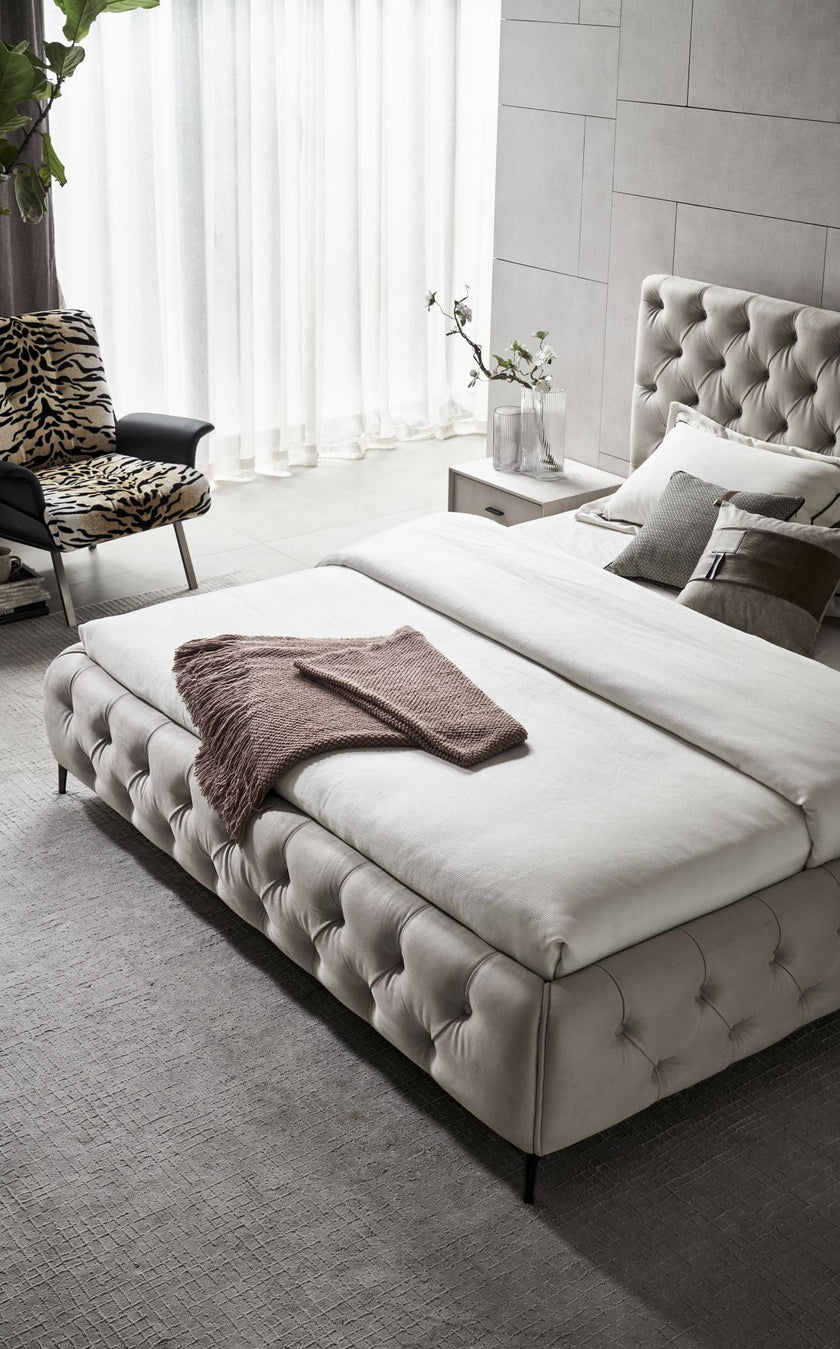 Beige tufted padded bed frame