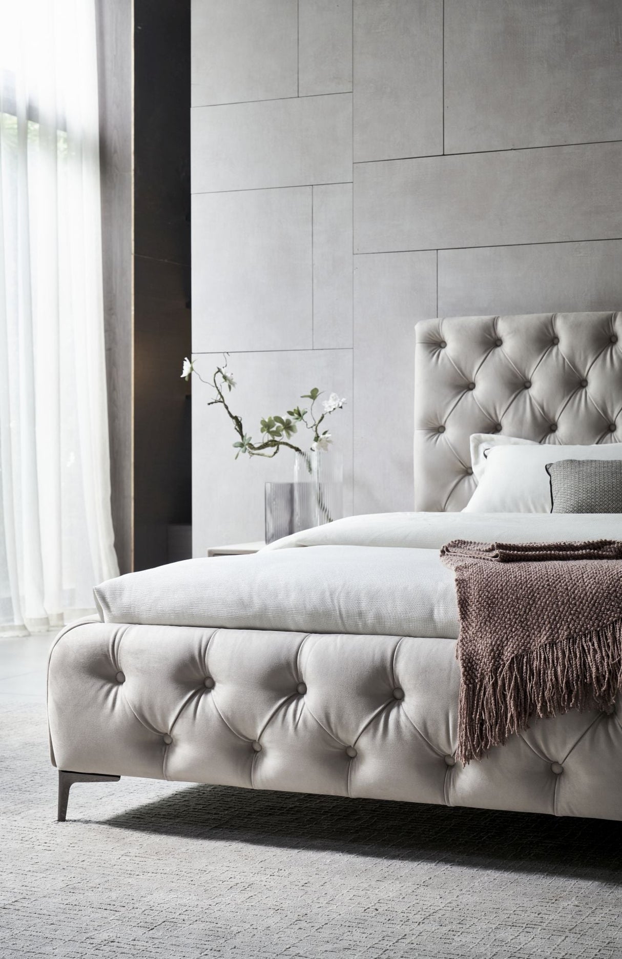 Beige tufted footboard and headbard