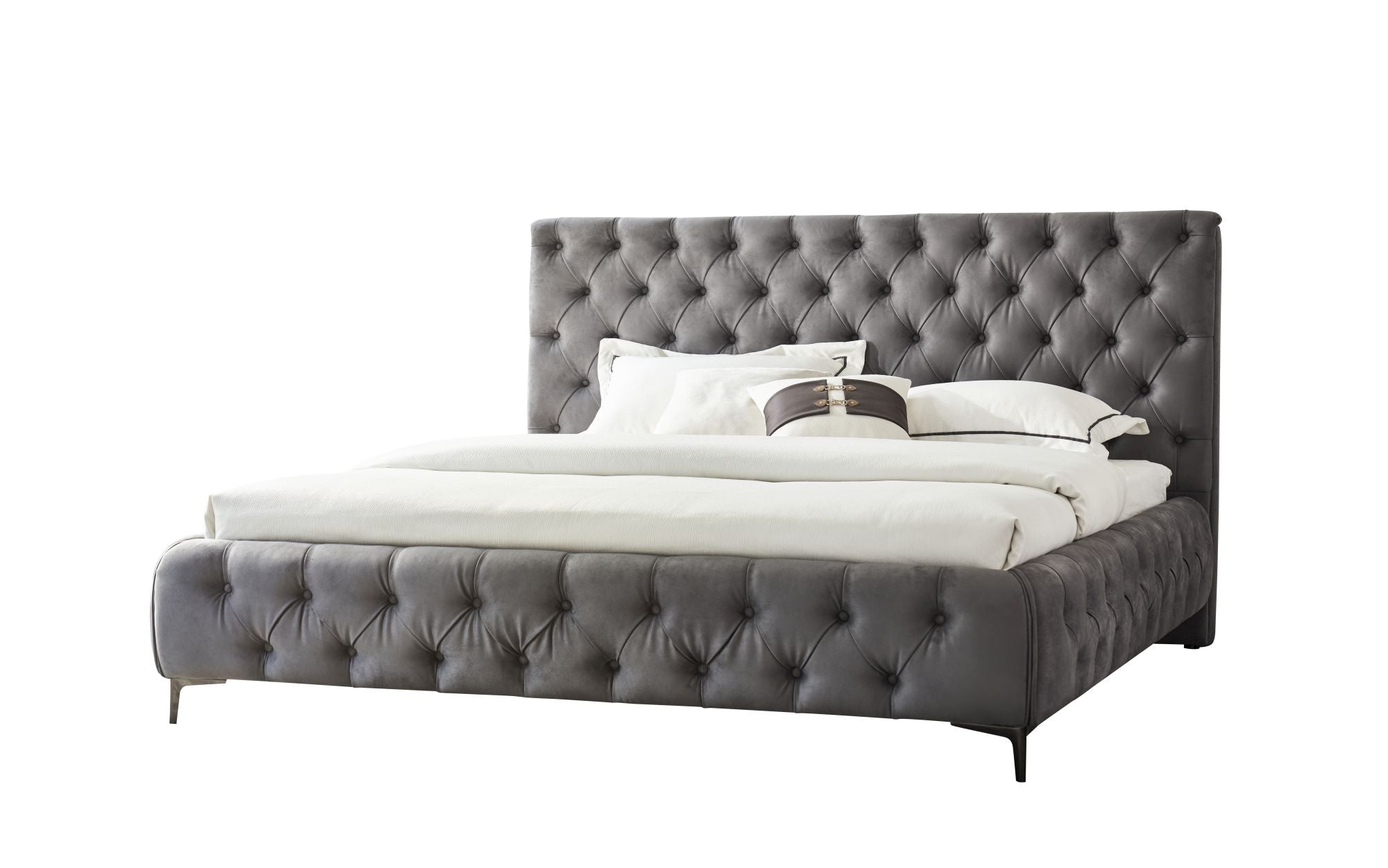 Royal bedframe angled view in Grey on white back ground 