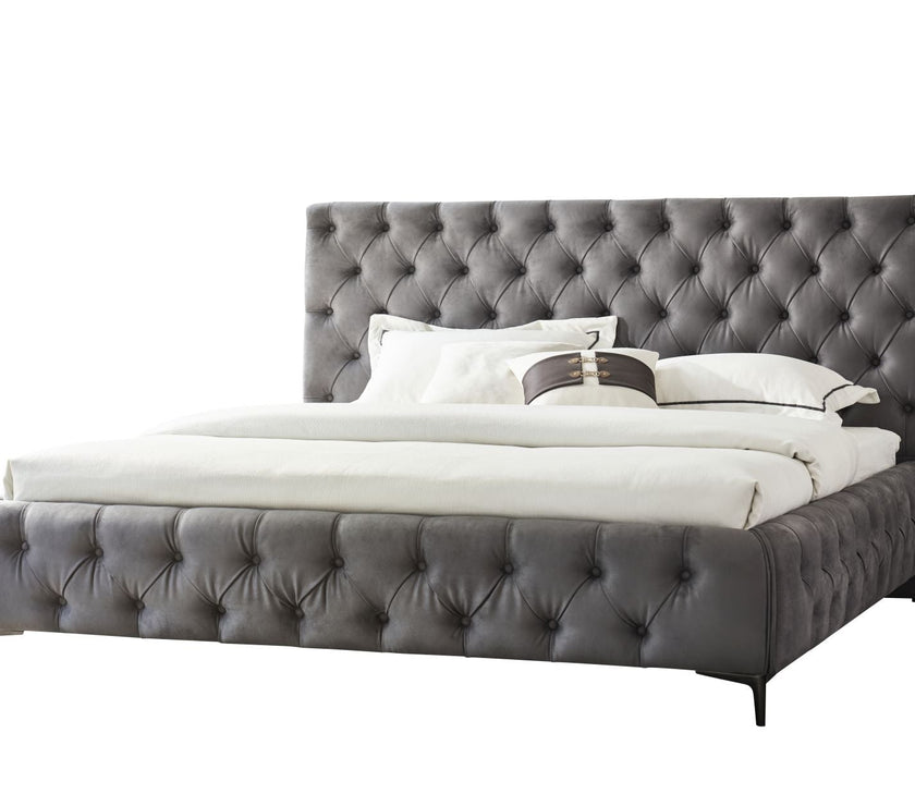 Royal bedframe angled view in Grey on white back ground 