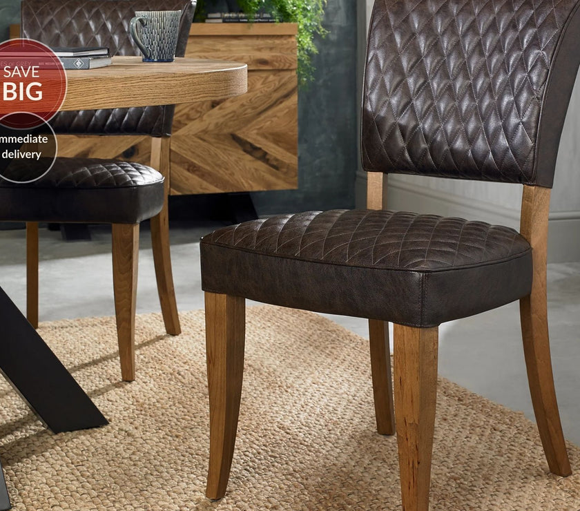 Landon Rustic Oak Dining Chairs Saddle Faux Leather