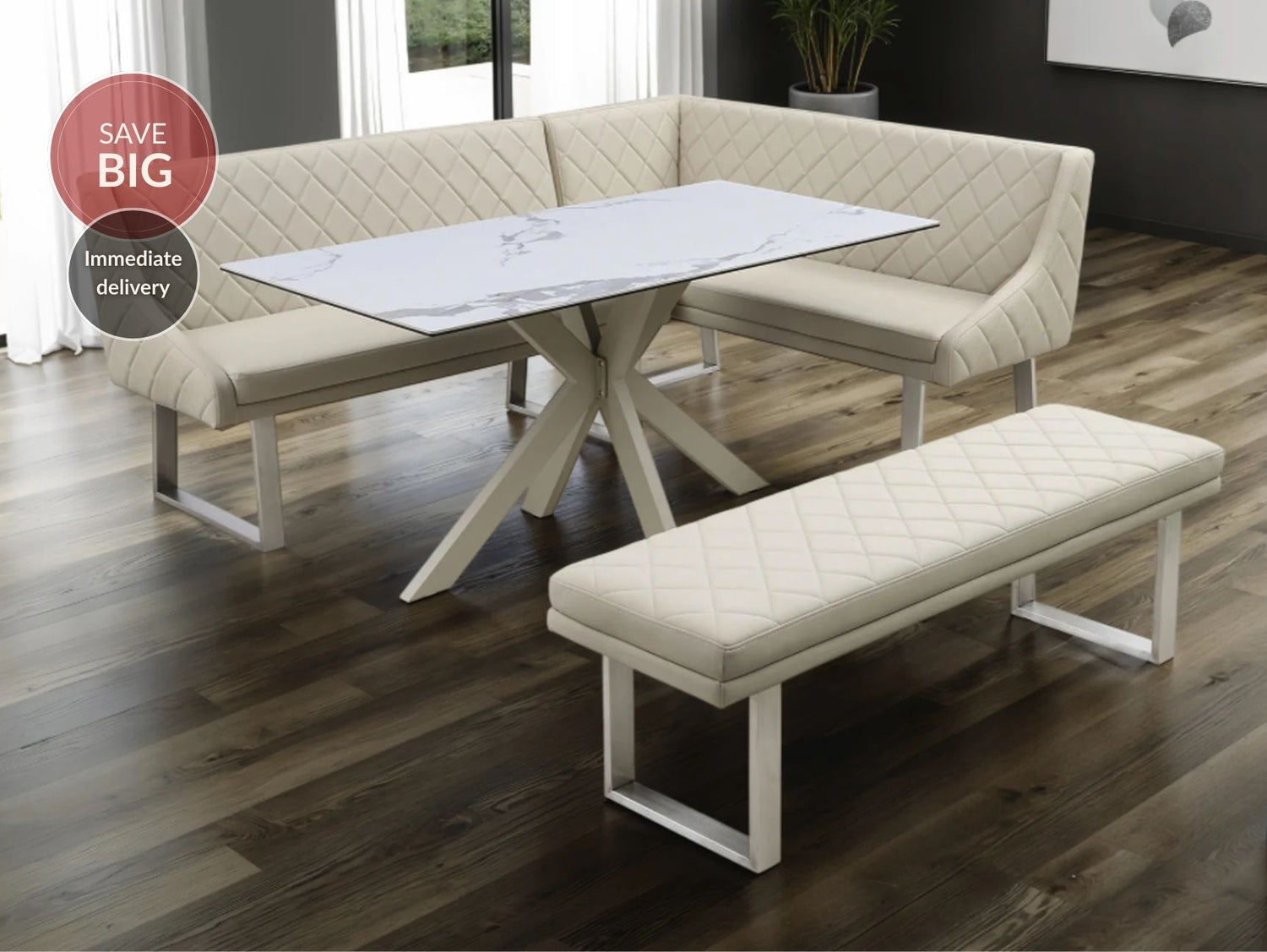 Ivory Dining Set with Bench and Ceramic Table