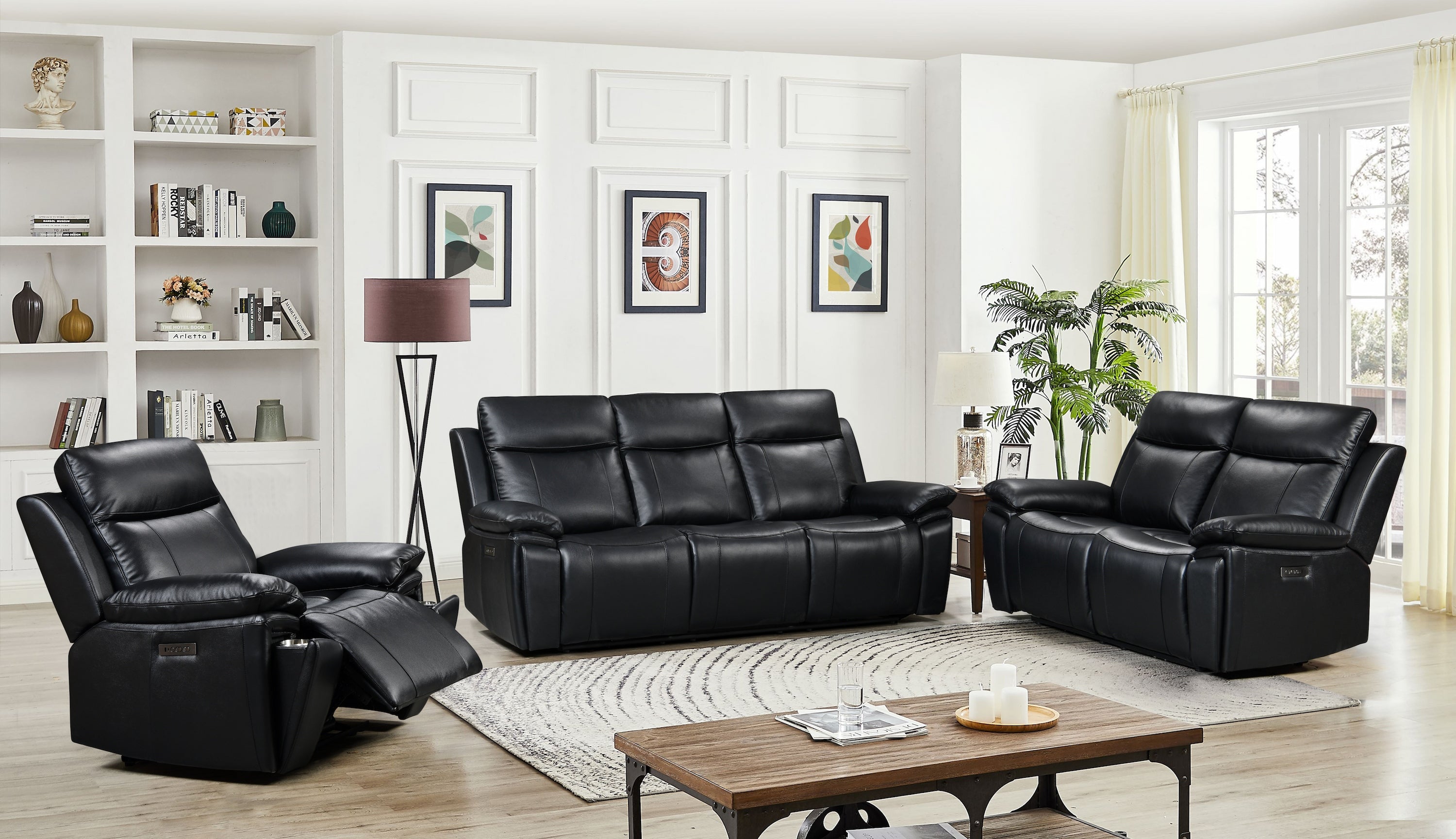 Savio 3 Seater Leather Sofa with Power Recliners, Power Headrests and cupholders