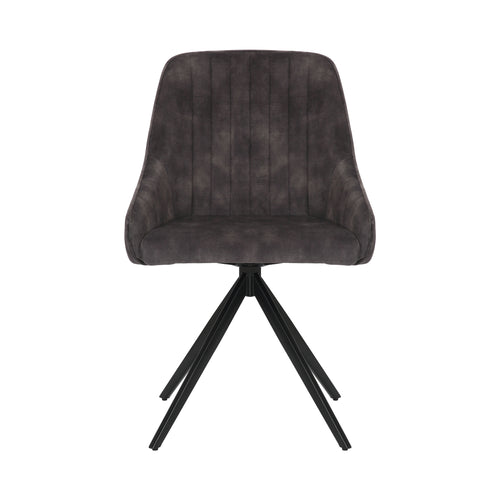 Front view of the Sofia charcoal swivel dining chairs with black metal legs and velvet seat.