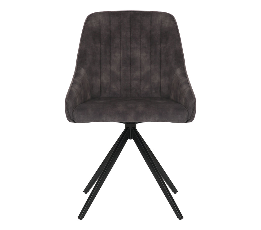 Front view of the Sofia charcoal swivel dining chairs with black metal legs and velvet seat.