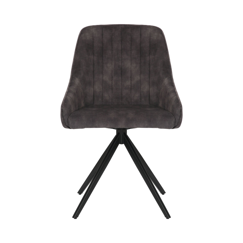 Front view of the Sofia charcoal swivel dining chairs with black metal legs and velvet seat.