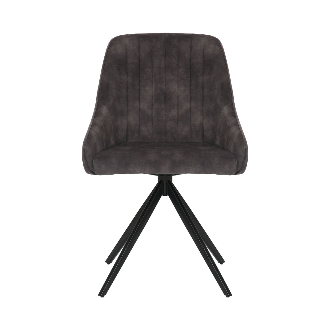 Front view of the Sofia charcoal swivel dining chairs with black metal legs and velvet seat.