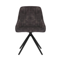 Front view of the Sofia charcoal swivel dining chairs with black metal legs and velvet seat.