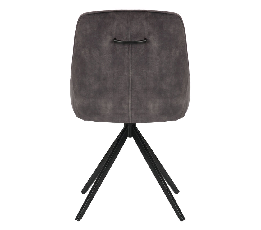 Back view of the Sofia light grey swivel dining chairs with black metal legs and velvet seat.