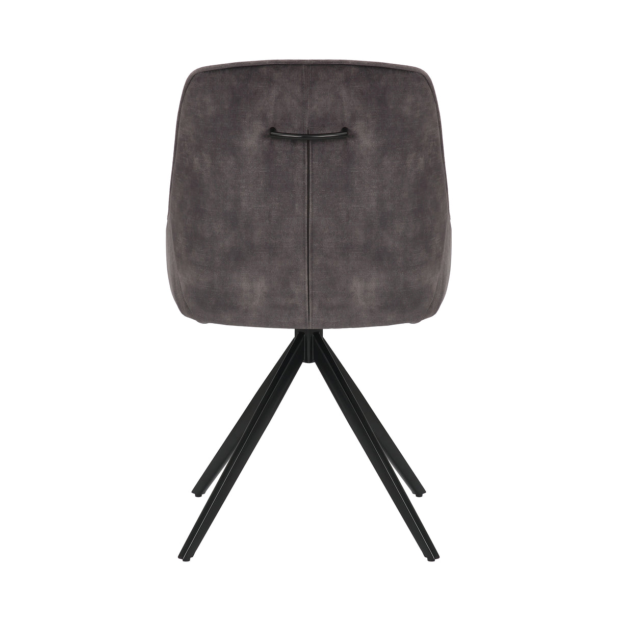 Back view of the Sofia light grey swivel dining chairs with black metal legs and velvet seat.