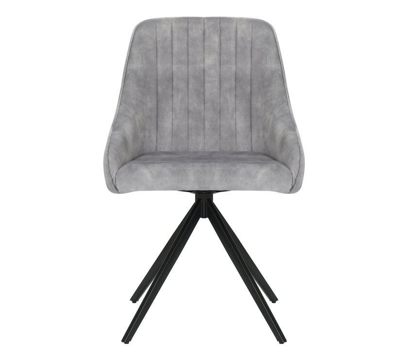 Front image of the Sofia light grey swivel dining chairs with black metal legs and velvet seat.