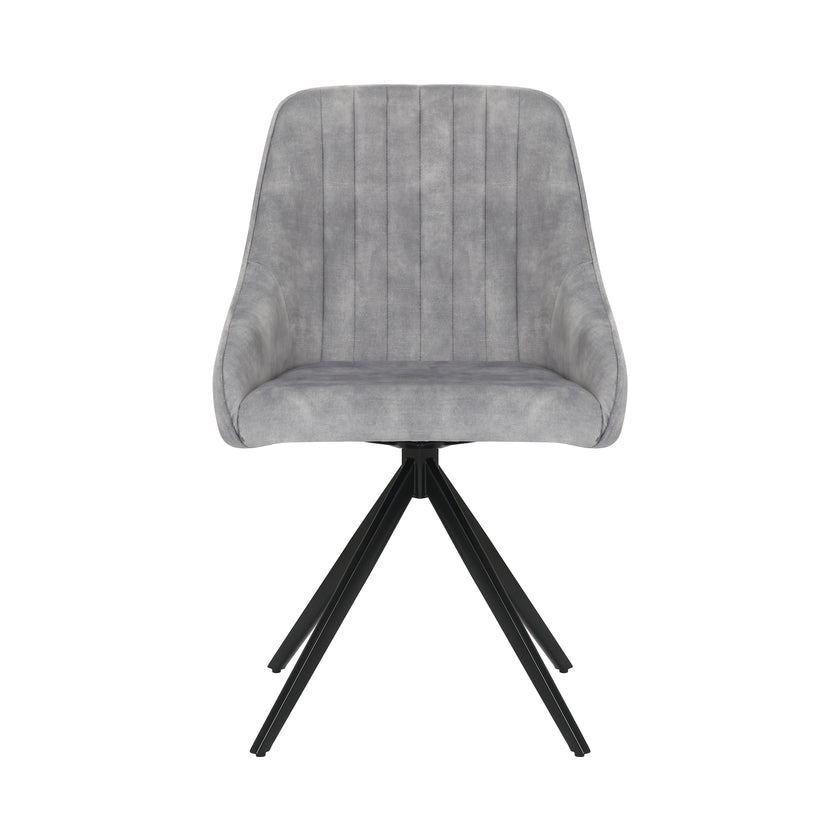 Front image of the Sofia light grey swivel dining chairs with black metal legs and velvet seat.