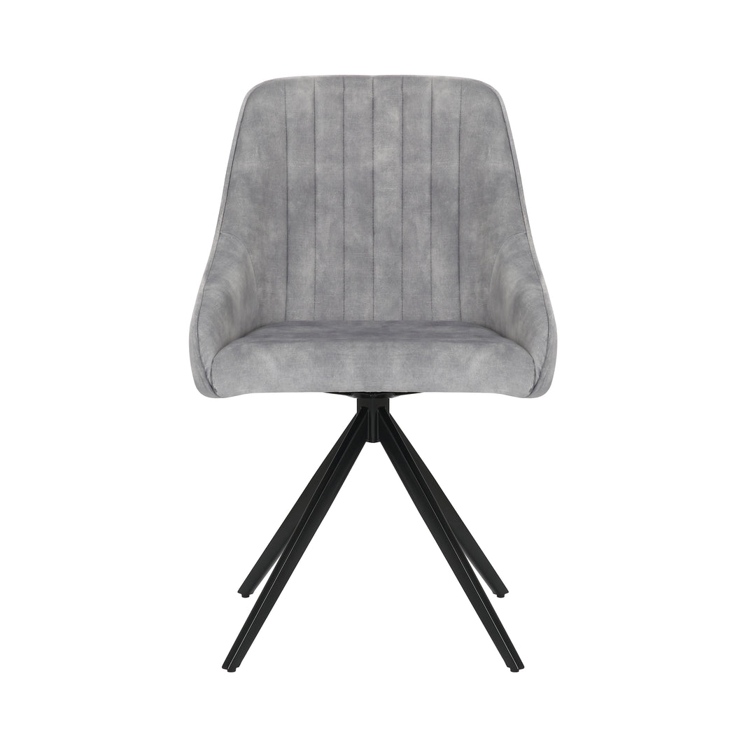 Front image of the Sofia light grey swivel dining chairs with black metal legs and velvet seat.