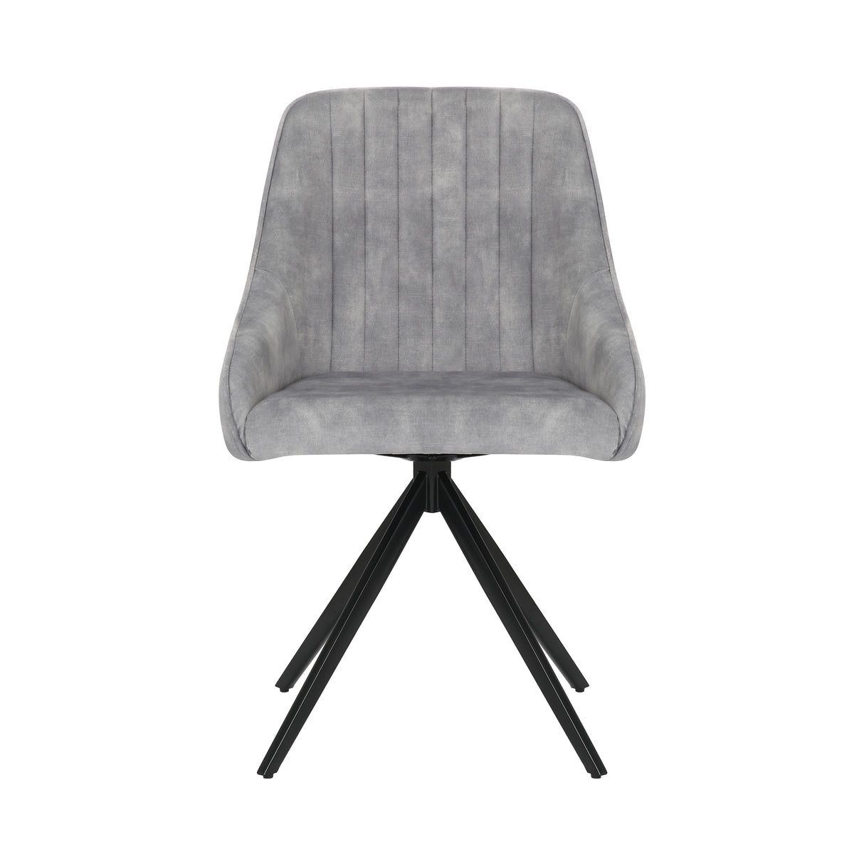 Front image of the Sofia light grey swivel dining chairs with black metal legs and velvet seat.