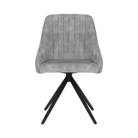 Front image of the Sofia light grey swivel dining chairs with black metal legs and velvet seat.