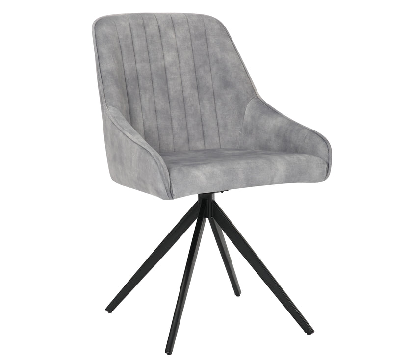 Front and angled image of the Sofia light grey swivel dining chairs with black metal legs and velvet seat.